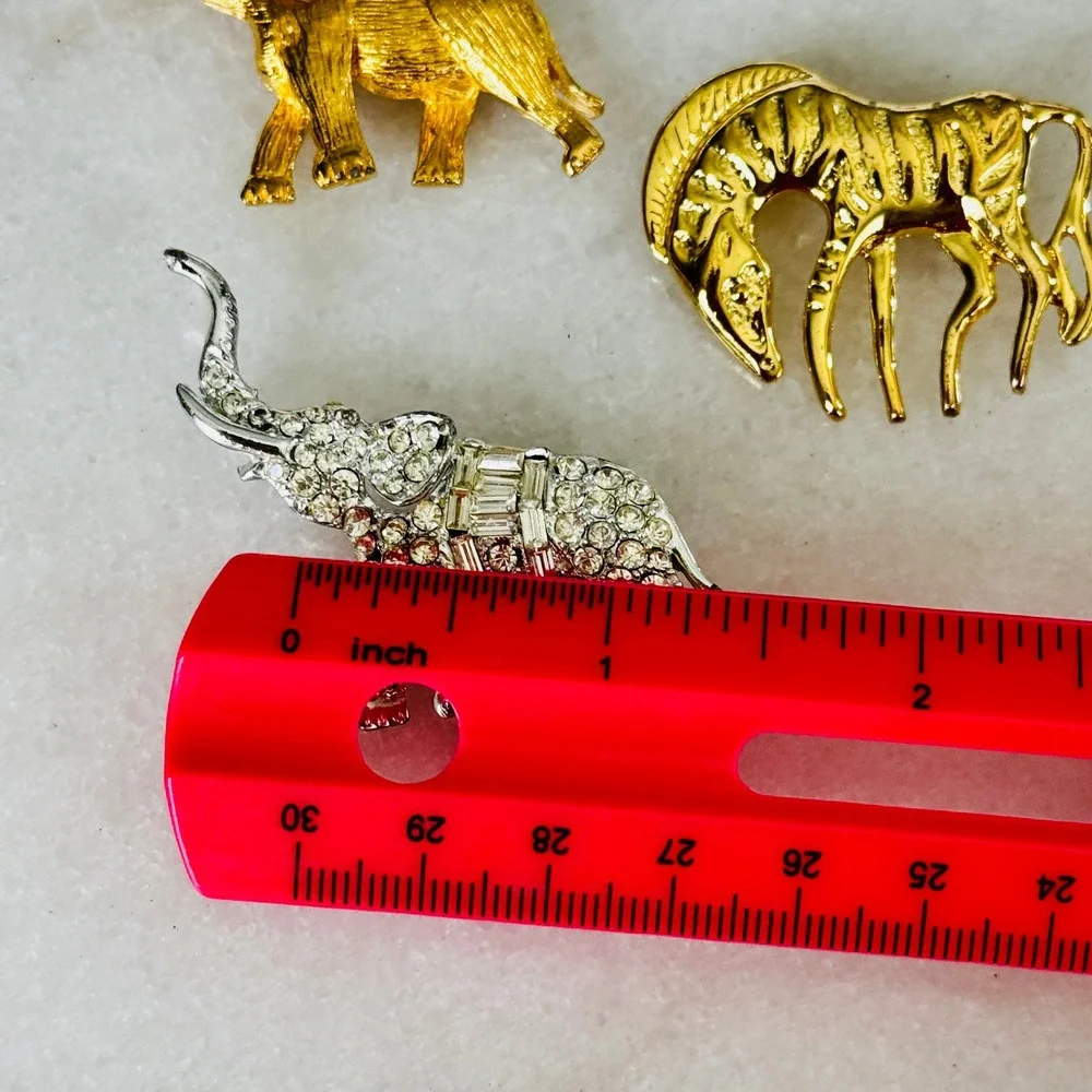 Vintage Style Safari Animal Brooch Pin Set Gold Silver Tone 3pc Rhinestone